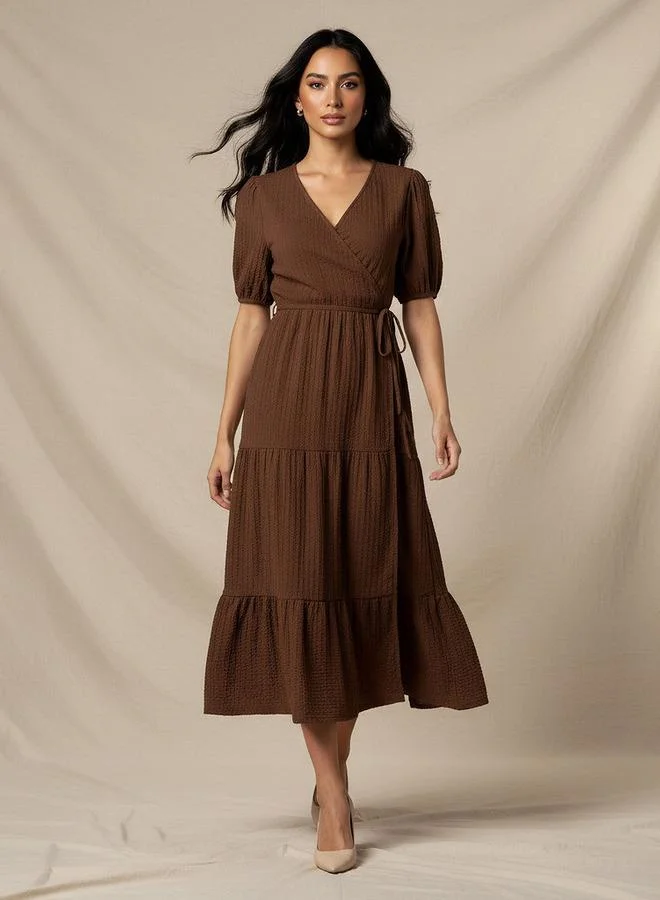 Splash FAV Midi Textured Tiered Dress with Short Puff Sleeves